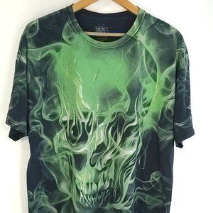 Skull Smoke Flames Graphic T-Shirt Men's Social Media Black Green Distressed